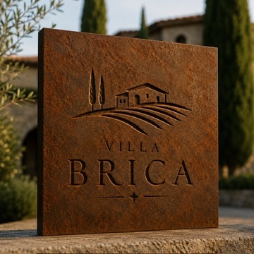 Villa Brica corten sign with logo